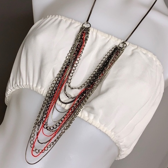 Metal Layered Silver 11 Chain metal Rock Necklace hot pink artisan made - Picture 7 of 8